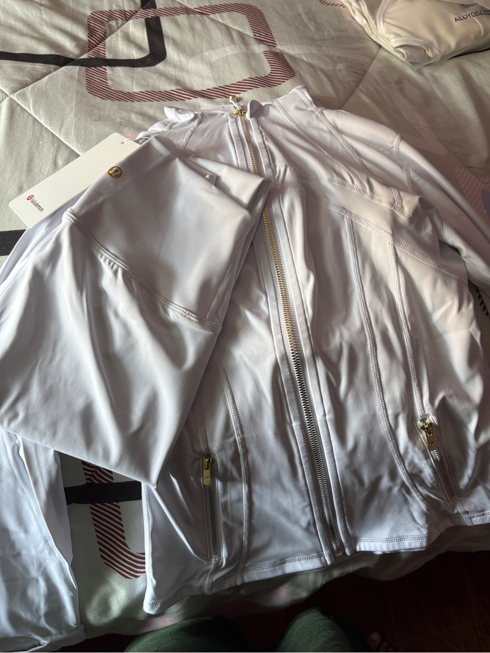 lululemon athletica White Zip-Front Bomber Jacket with Gold Hardware